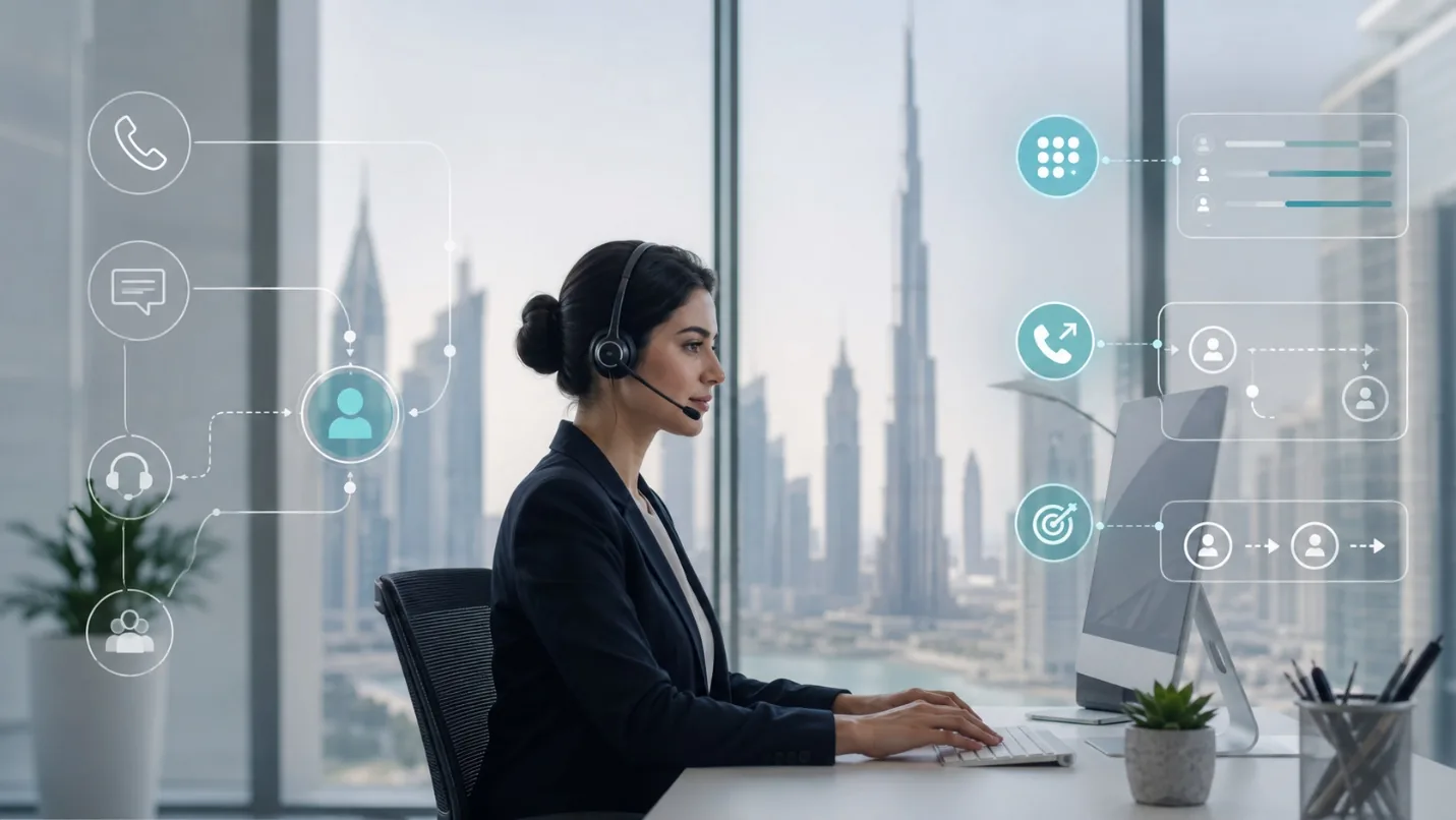 Contact center agent in Dubai reviewing inbound routing and outbound campaign workflows